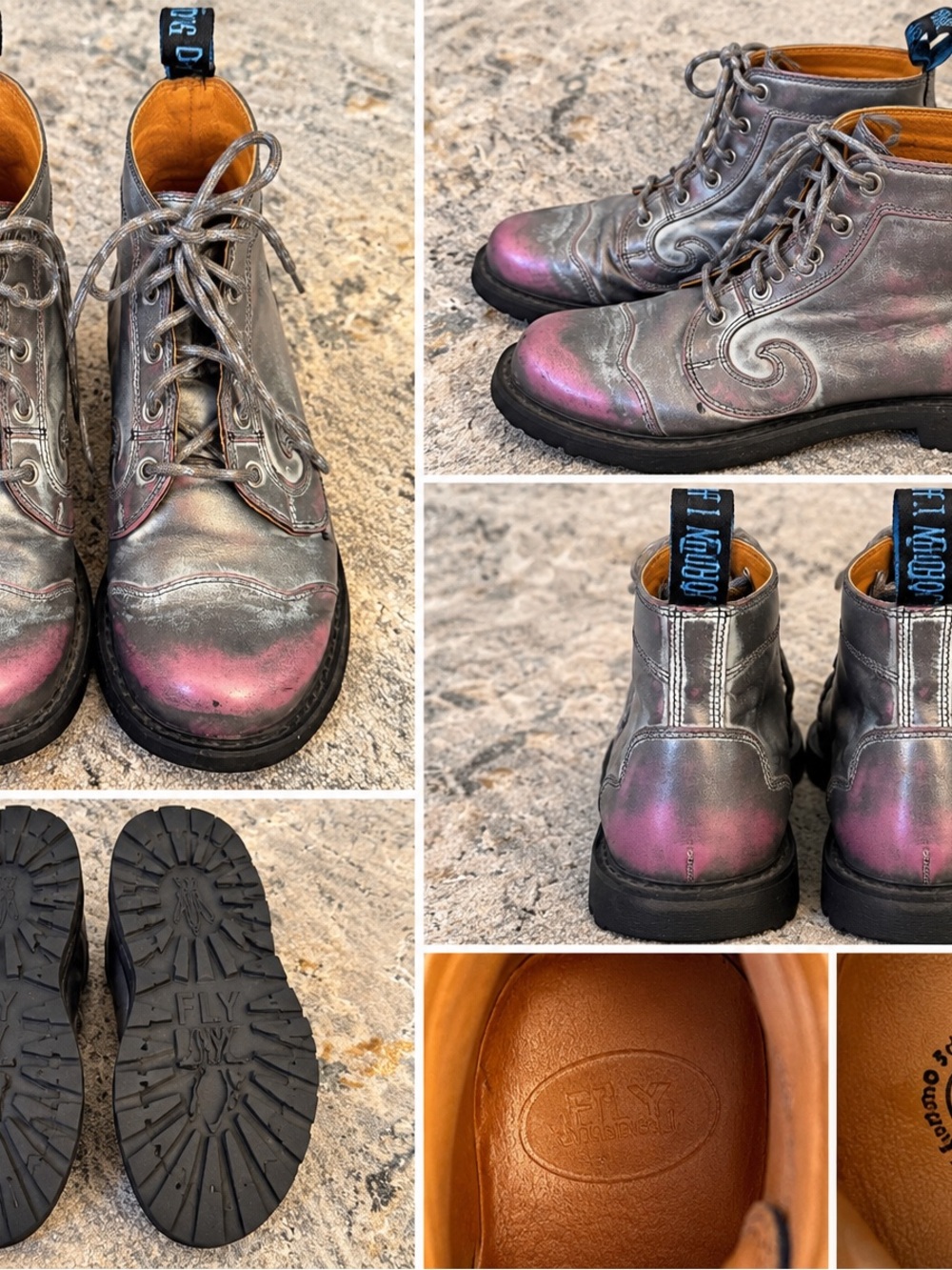 John Fluevog Derby Swirl Metallic Gray and Pink Leather Lace-Up Boots W 10.5